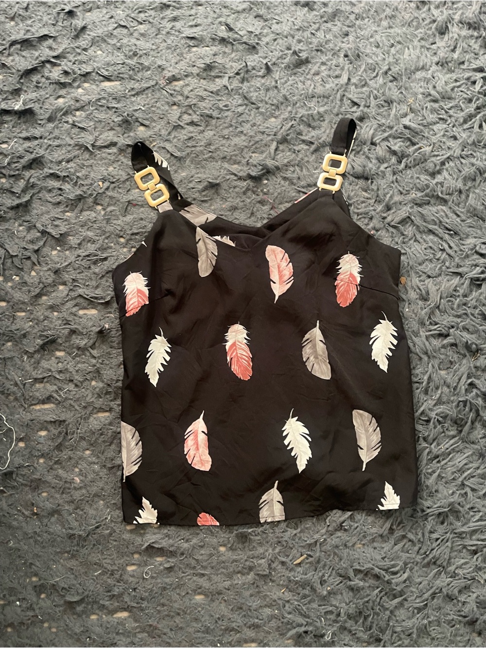 Women’s Feather Print Black Camisole with Gold Buckle Straps size medium